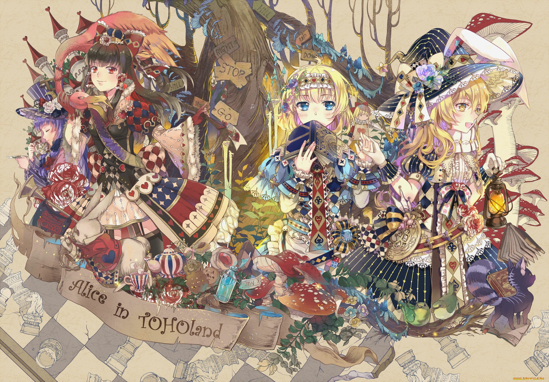 , touhou, hakurei, reimu, alice, margatroid, in, wonderland, , , patchouli, knowledge, ekira, nieto, kirisame, marisa, hourai